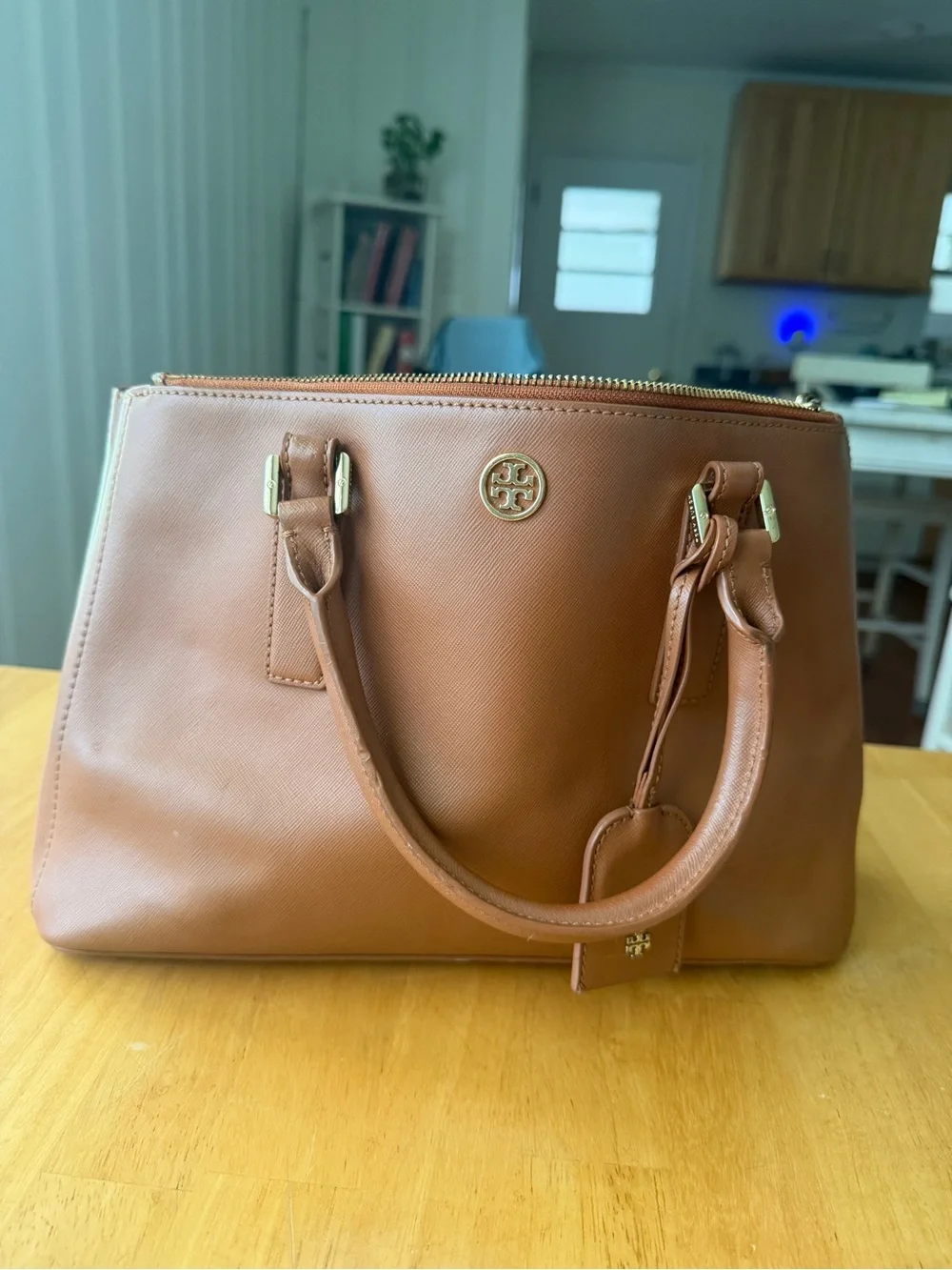 Tory Burch Robinson Double Zip Bag Cognac with Gold Hardware